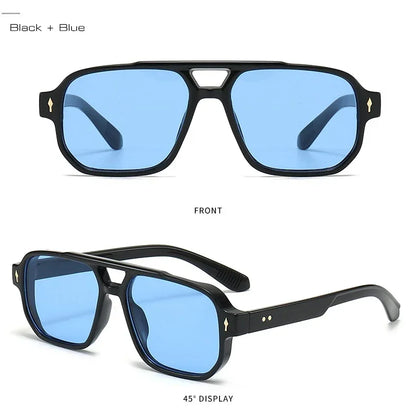 Vintage Double Bridges Men Square Sunglasses Fashion Green Ocean Lens UV400 Eyewear Women Trending Rivets Sun Glasses