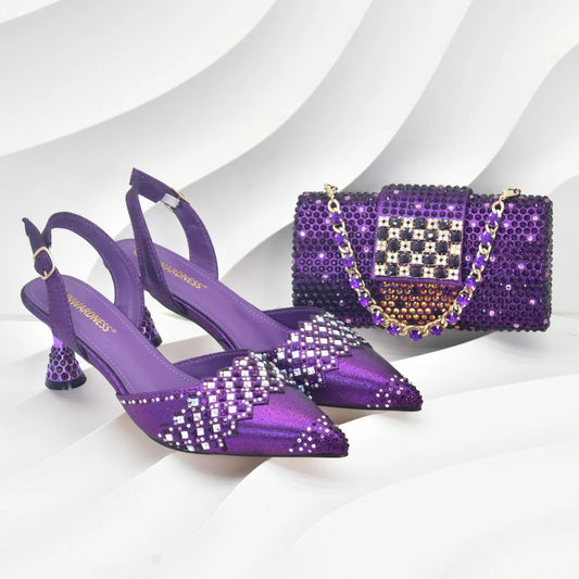 Purple Shoes and Bags Set for Women African Shoe and Bags Set for Wedding Pointed Toe Shoes Sexy Wedding Party Sandals