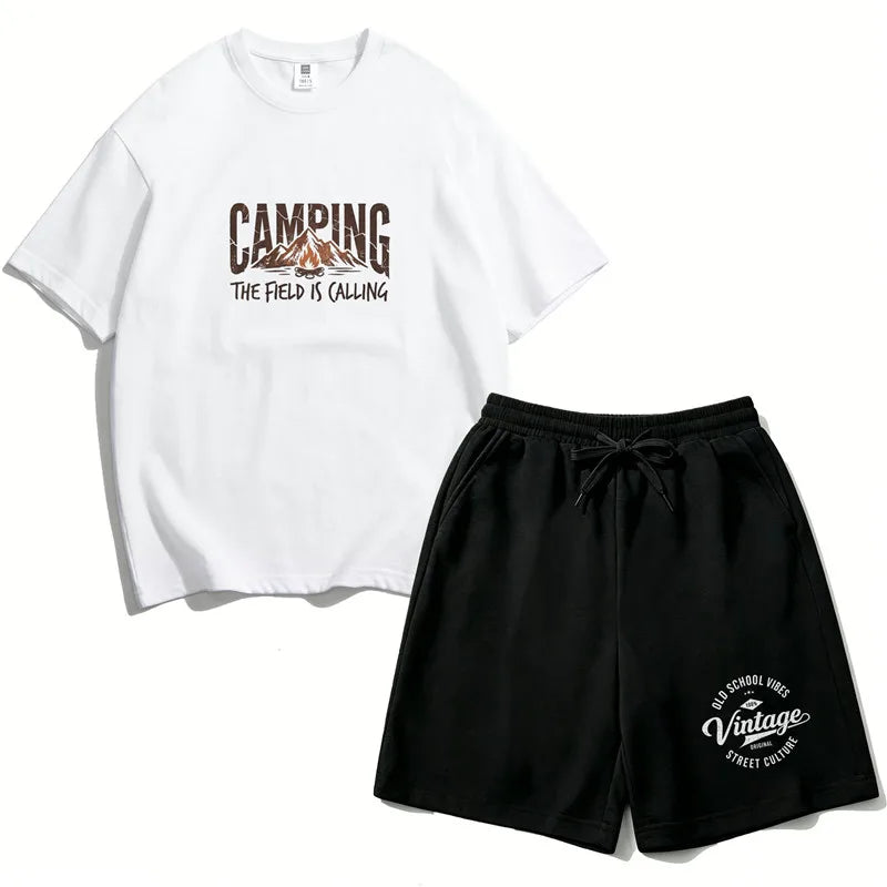 Boys 2PCS Cotton Outfit Set Mountain Print Short Sleeve Tee + Elastic Waist Shorts Camping Summer Set LH21
