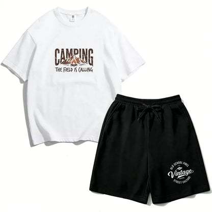 Boys 2PCS Cotton Outfit Set Mountain Print Short Sleeve Tee + Elastic Waist Shorts Camping Summer Set LH21
