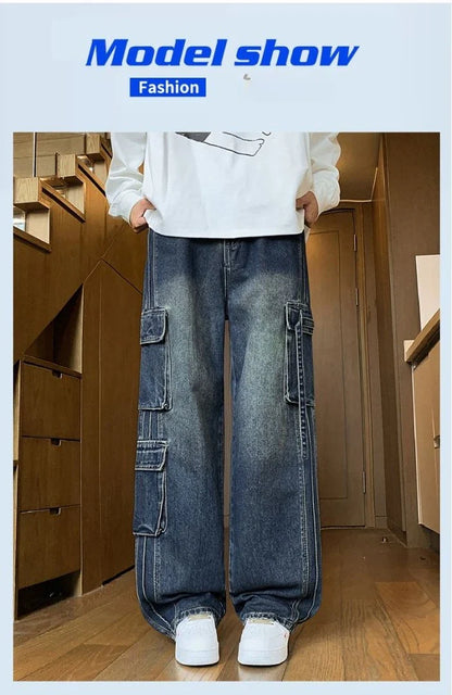 2025 Autumn New Men's Loose Jeans Multi-pocket Work-wearing Jeans Street Hip-hop Straight Wide-leg Pants Baggy Dance Pants