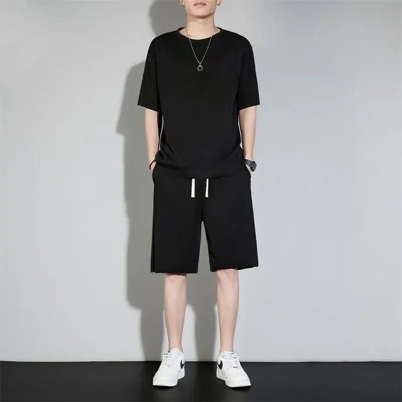 High-End Ice Silk Men's Sports Suit Casual Home Use Long Pants Short Sleeves Quick Drying Top Set Summer Collection