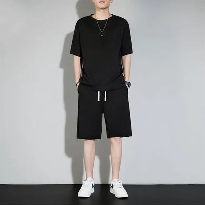 High-End Ice Silk Men's Sports Suit Casual Home Use Long Pants Short Sleeves Quick Drying Top Set Summer Collection