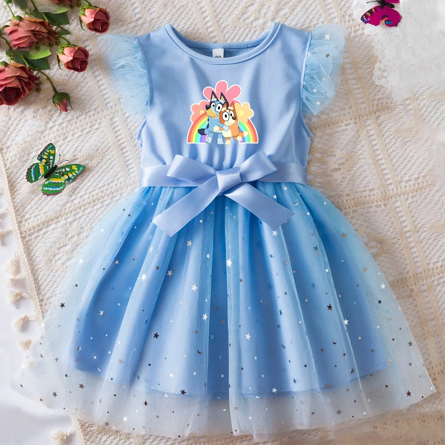 Girls Sequin Tutu Dress with Bow Flutter Sleeves Summer Princess Party Outfit for Toddler Kids 2-6 Years