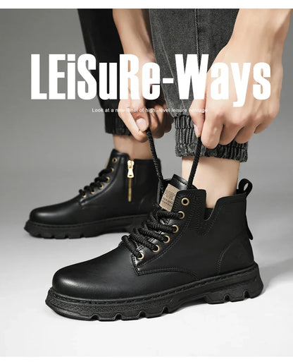 New MEN'S BOOTS with Retro Style Leather Boots, Thick Soles, Wear-resistant MEN'S High Top Casual Shoes, Side Zippers