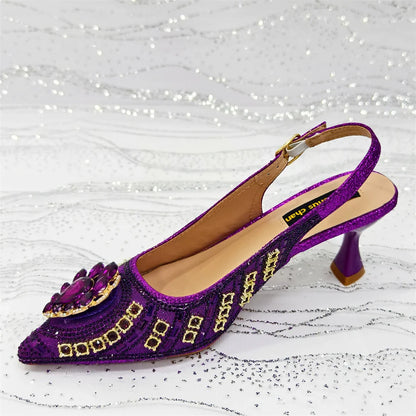 Elegant Rhinestone Pointed Toe Pumps With Matching Bag Set Large Size shoes Big Bag for Women's Party High Heels