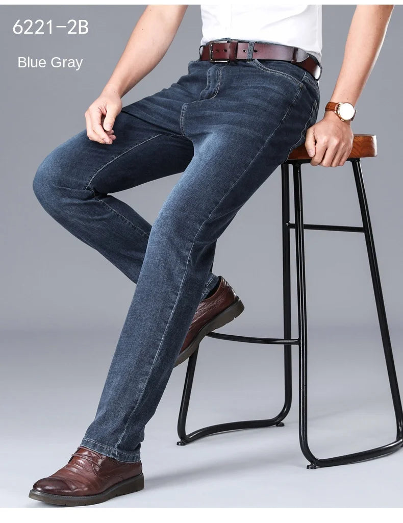 2026 Brand Thin or Thick Material Straight Cotton Stretch Denim Men's  Business Casual High Waist Light Grey Blue Jeans