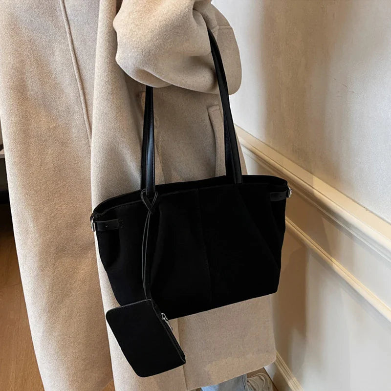 Suede Shoulder Bags for Women Large Suede Totes Lightweight Underarm Bag Casual Shopper Handbag Solid Color Travel Bucket Bags