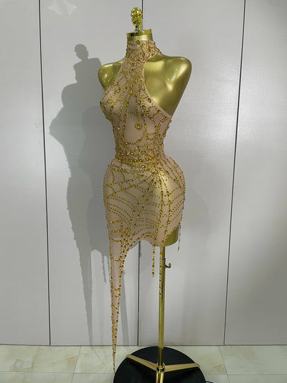 Sparkly Diamond Sexy Mesh Asymmetric Bodycon Mini Dress Women Nightclub Bar Party Show Gogo Dancer Clothing Stage Costume