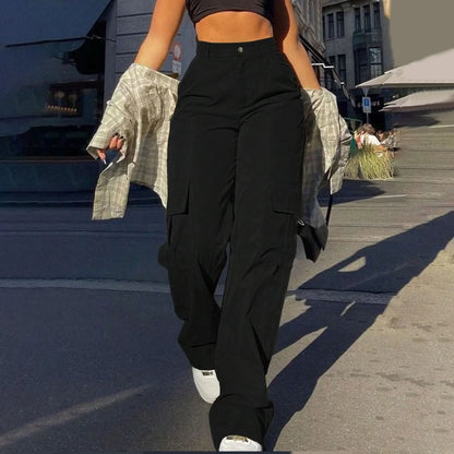 Cargo Pants Women Retro Loose Full Length Straight Leg Trousers