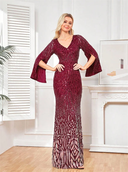 Luxury Blue Slit Long Sleeve Evening Dresses Women elegant 2025 Mermaid Formal Sequins Prom Wedding Party Cocktail Gowns