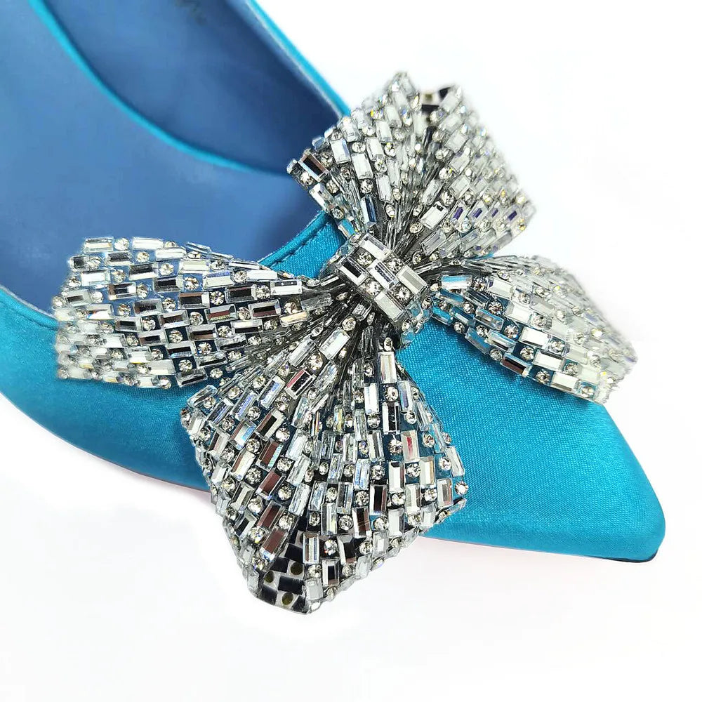 Italian Design Elegant Fuchsia Bow Rhinestone Pumps with Pointed Toe for Women 2024 Party Shoes and Bags Matching Set