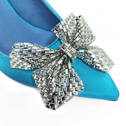 Italian Design Elegant Fuchsia Bow Rhinestone Pumps with Pointed Toe for Women 2024 Party Shoes and Bags Matching Set
