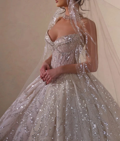 Customized Wedding Dresses Sequins Pearls Bridal Ball Gowns Strapless Sleeveless Princess Bride Dress Vestidos De Novia