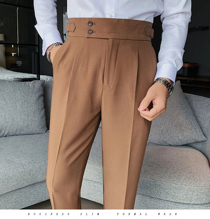 Men British Style Suits Pants New Male Solid High Waist Trousers High Quality Men Formal Slim Fit Business Casual Suit Pants