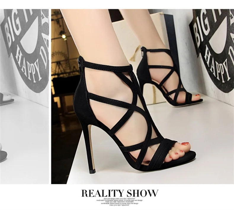 Women Roman Style Thin High Heels Pumps Pointed Toe Suede Hollow Strap Party Shoes Solid Ankle Zip Summer Sandals