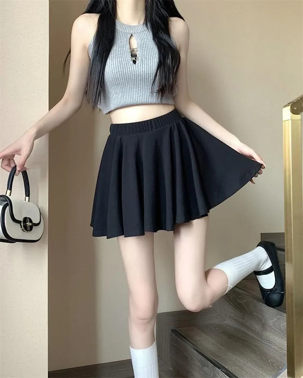 Black Pleated Mini Skirt Ballet Style High Waist Belt Meat Concealing Spring Summer Autumn New Style Slimming Short Skirt