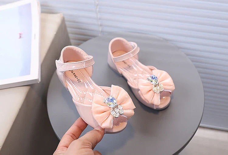 Girl's Fish Mouth Shoes with Rhinestone Bear Decos Prom Party Sandals for Kids Girl Nice Butterfly-knot Students Footwear I10281