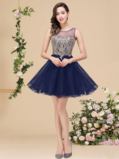 Royal Blue Sweetheart Homecoming Dress with Gold Lace Appliqué & Beaded | Short Flowy Tulle Party Gown for Party Prom