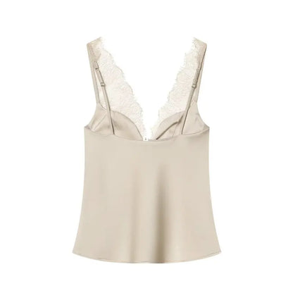 Women's Satin Lace Camisole - Sexy V-Neck Sleeveless Top for Summer, Perfect for Party & Beach Outfits, Comfortable Silky Feel