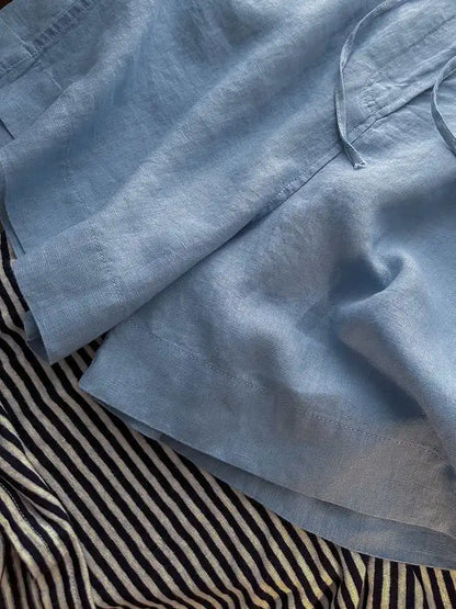 Japanese Simple Solid Color Pure Cotton Linen Casual Versatile Straight Elastic Waist Shorts Women's Middle Pants
