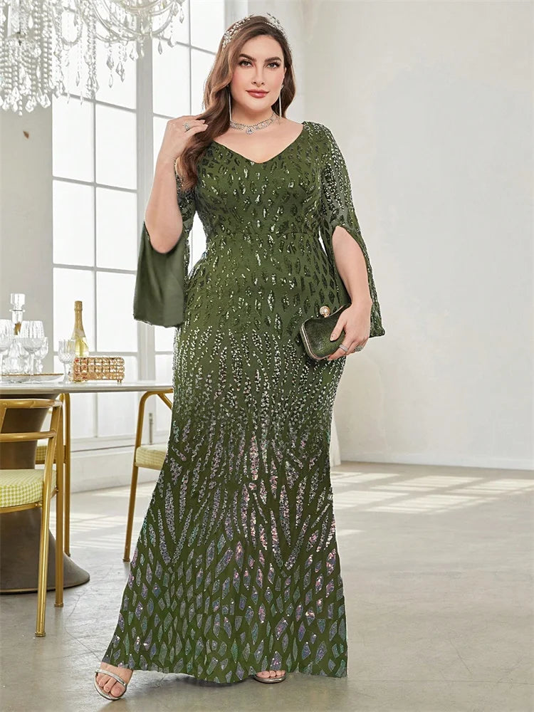 Vestido de Festa Elegante Plus Size com Lantejoulas Preto 2025 Feminino Formal Maxi Baile Mangas Compridas Festa Luxuoso Coquetel