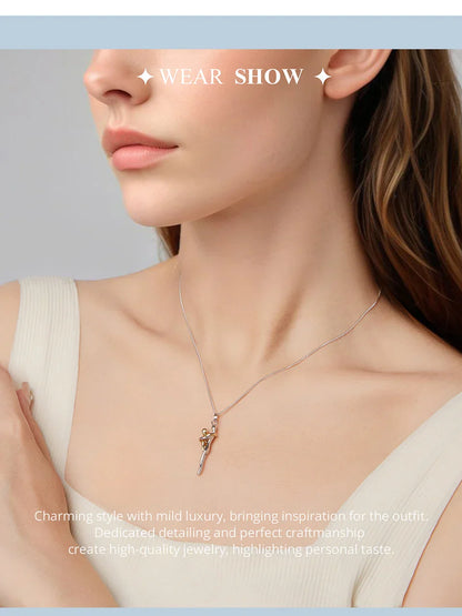 Real 925 Sterling Silver Hug Embrace Pendant Necklace Silver Gold Two-tone Mom & Child Pendant Family Gift  Mom Jewelry