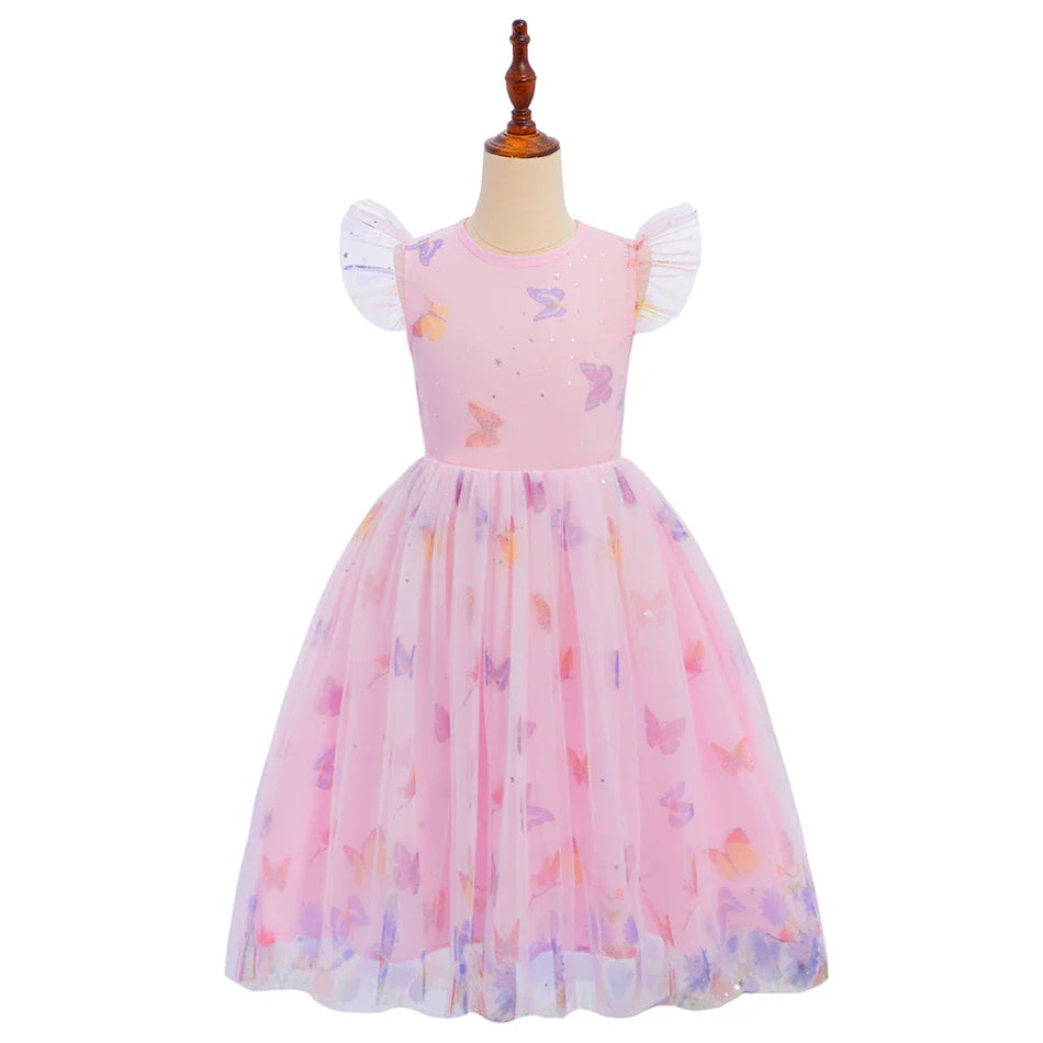 2026 Baby Girl Summer Dresses Kids Pink Butterfly Printed Princess Dress Children Birthday Party Dress Up Girls Fashion Clothes