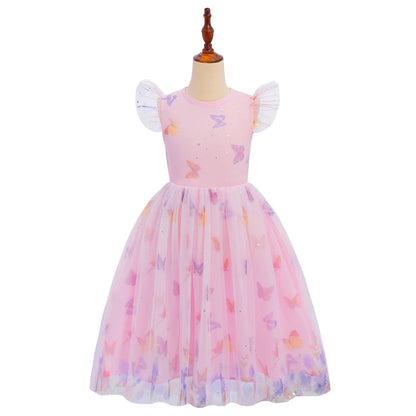 2026 Baby Girl Summer Dresses Kids Pink Butterfly Printed Princess Dress Children Birthday Party Dress Up Girls Fashion Clothes