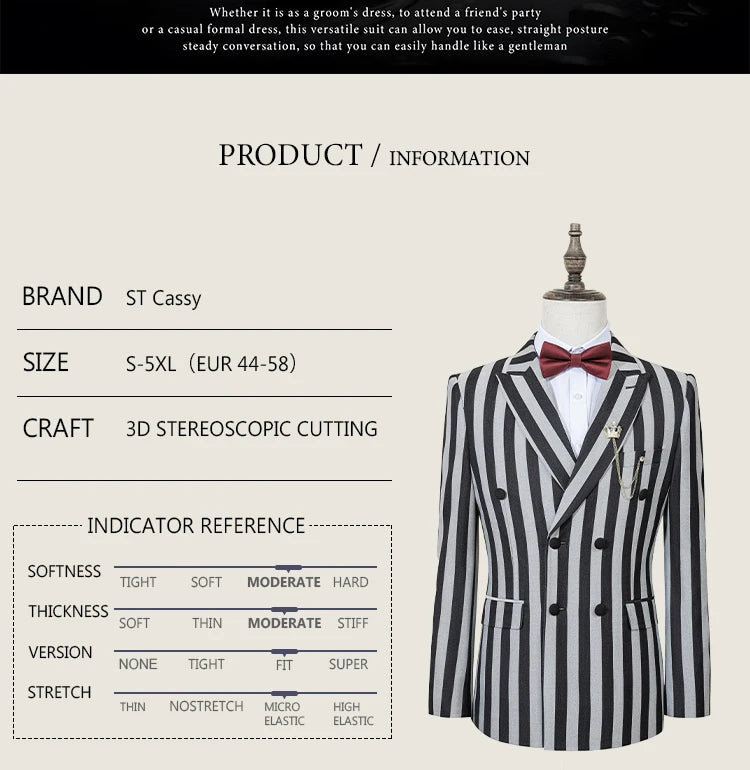 Party outfit Fashion red and black striped evening gown Double Breasted Slim Fit luxury man jacket tuxedo Men's Suit