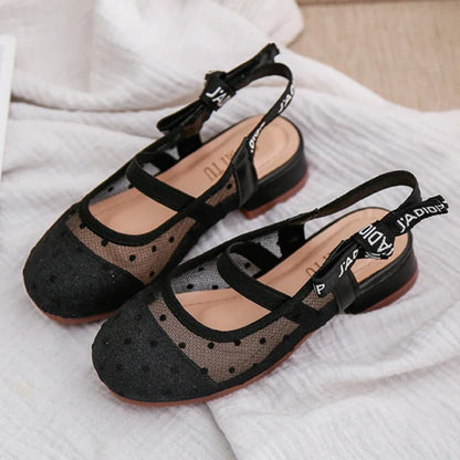 Mesh Black White Polka Dot Shoes Sandals for Girls with Heels Mules Sling Back Shoes for Girls Luxury Shoes for Girls To Dress