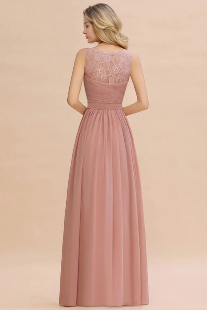 Elegant Bridesmaid Dress Pleated Bodice See-through Lace Cap Sleeves Maxi Flowy A-Line Skirt Wedding Party Gown Women