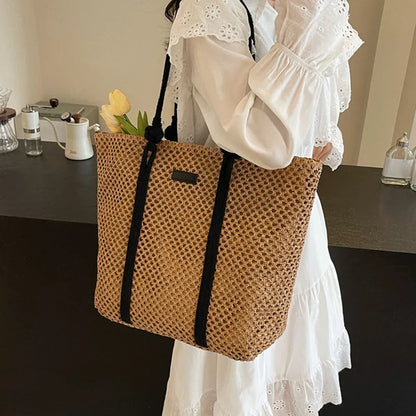 Bolsa Sacola de Palha Tecida de Verão Bolsa de Ombro Feminina Casual de Praia para Férias Bolsas Femininas de Grande Capacidade Cor Sólida