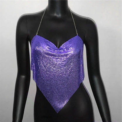 New Sexy Backless Metal Sequined Solid Camis Sleeveless Halter Hollow Out V Neck Adjustable Chain Women Nightclub Crop Tops