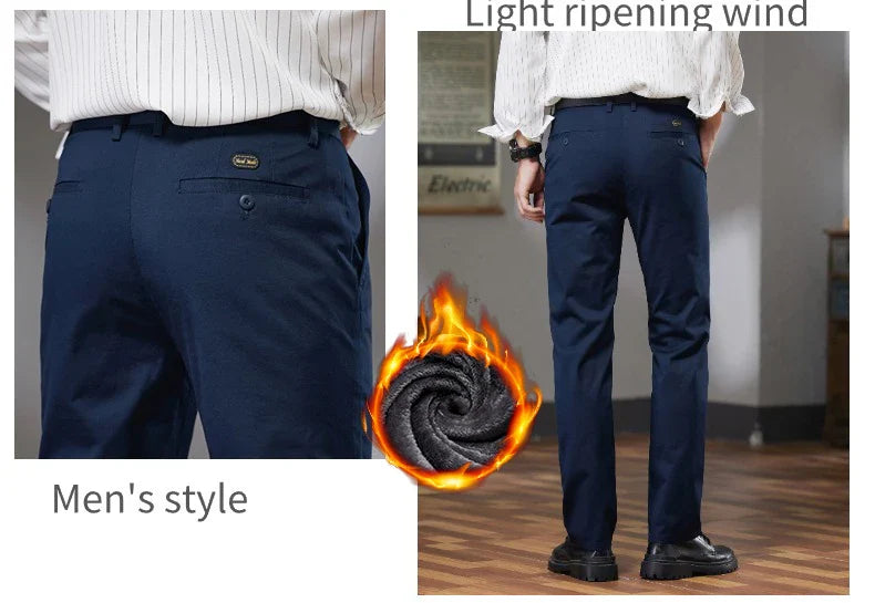 Fleece Winter Casual Pants Men Straight Stretch Soft Warm Velvet Trousers Comfortable Fashion Slim Plush Business Male Pants