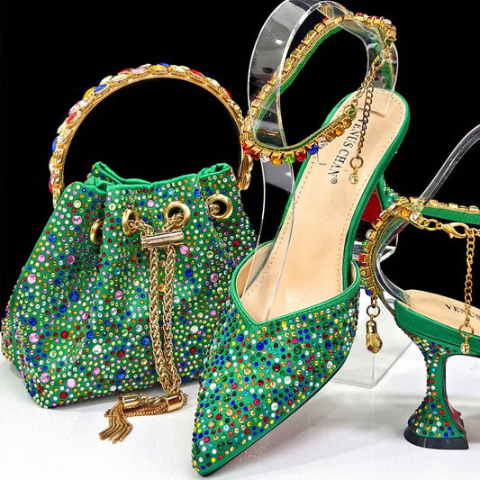 Shiny Italian Fashion Women’s Pointed Toe Heels with Rhinestone Detailing & Matching Green Color Bag Set