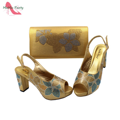 2024 Italian Design Shoes and Bag Set in Pink Color High Quality New Arrivals with Shinning Crystal for Wedding Party