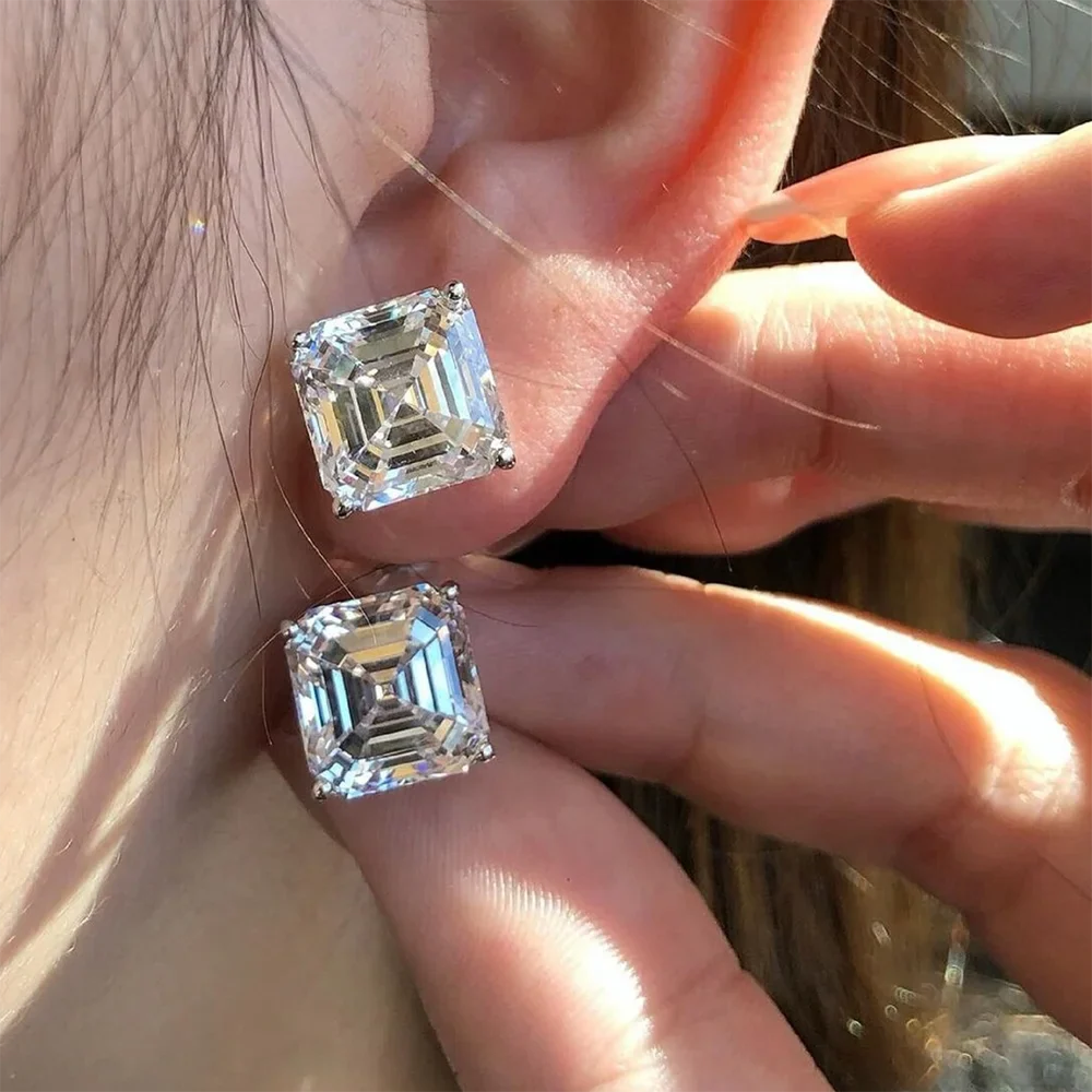 1/2/3CT Asscher Cut Moissanite Stud Earrings with Certificate Square Solitaire Lab Diamond Earring for Women 925 Silver Jewelry