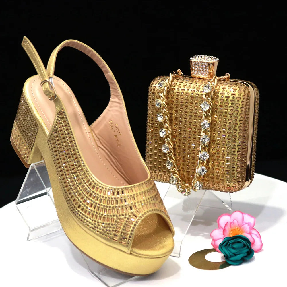 Silver Women Platform Shoes And Bag Set To Match African Ladies Summer Sandals With Handbag Pumps Clutch Femmes Sandales
