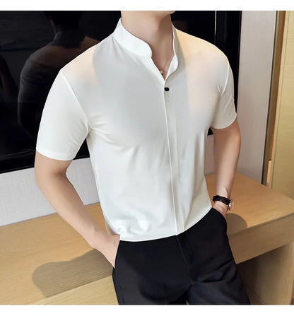 Men's High Elastic V-neck Polo Shirt, Thin Short-sleeve T-shirt, Business Casual Men's Top, 2024 High Quality, M-4XL.