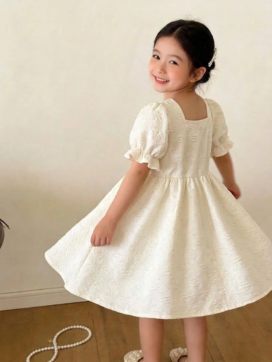 Girls' summer jacquard square neck dress with bubble sleeves, fashionable and sweet pearl buttons, half open collar