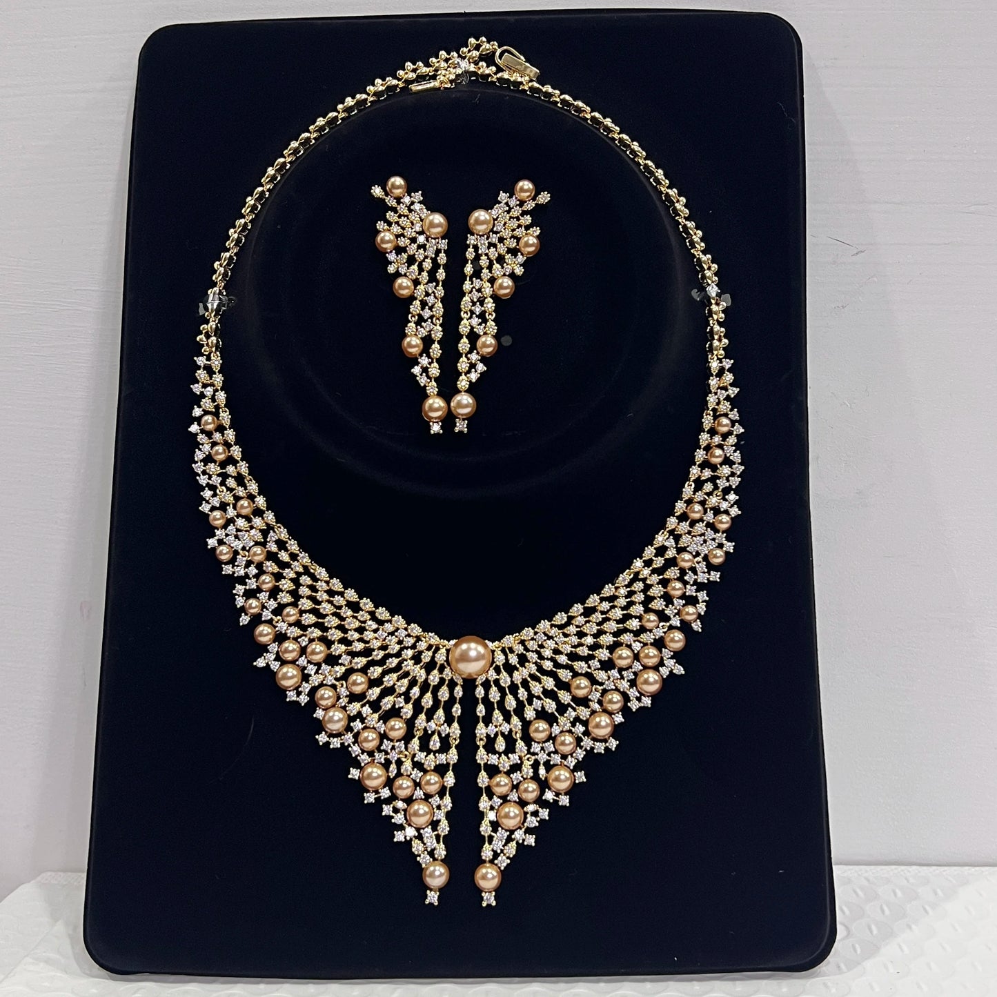 Luxury Cubic Zirconia 2pcs Pearl Necklacе Nigeria Dubai Bridal Wedding Jewellery Sets For Women Party  Accessories