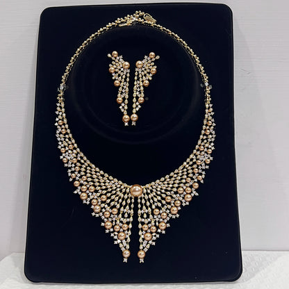 Luxury Cubic Zirconia 2pcs Pearl Necklacе Nigeria Dubai Bridal Wedding Jewellery Sets For Women Party  Accessories