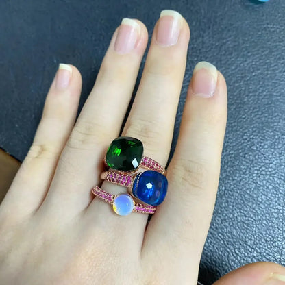 Conjunto de 3 anéis empilháveis ​​Nudo para mulheres, conjunto com cores mistas, cristais tipo bala incrustados, zircônia, ametista, topázio azul, joia redonda, presente