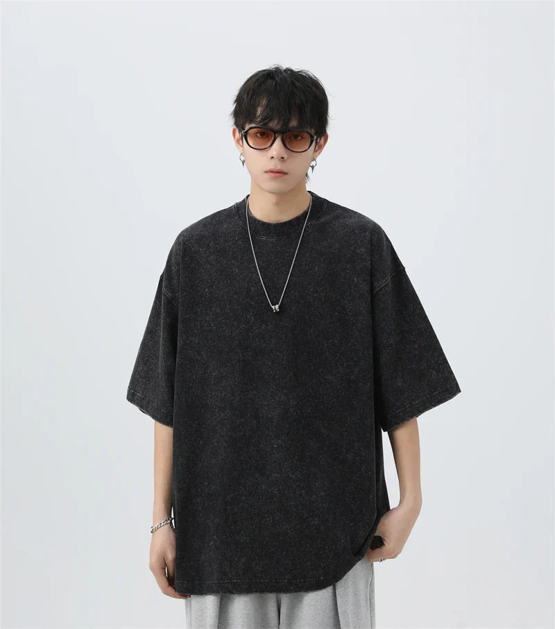 Japanese Korean Style Stir Fried Snowflake Washed T-Shirts Men Women Cotton Heavyweight Summer Hip Hop Streetwears Short Sleeved