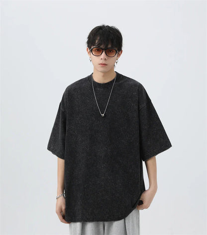 Japanese Korean Style Stir Fried Snowflake Washed T-Shirts Men Women Cotton Heavyweight Summer Hip Hop Streetwears Short Sleeved