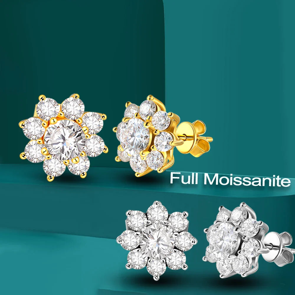 2.88CT  Certified Sunflower Full Moissnaite Diamond Stud Earring 925 Sterling Silver Plated 18k White Gold Stud Ear for Women