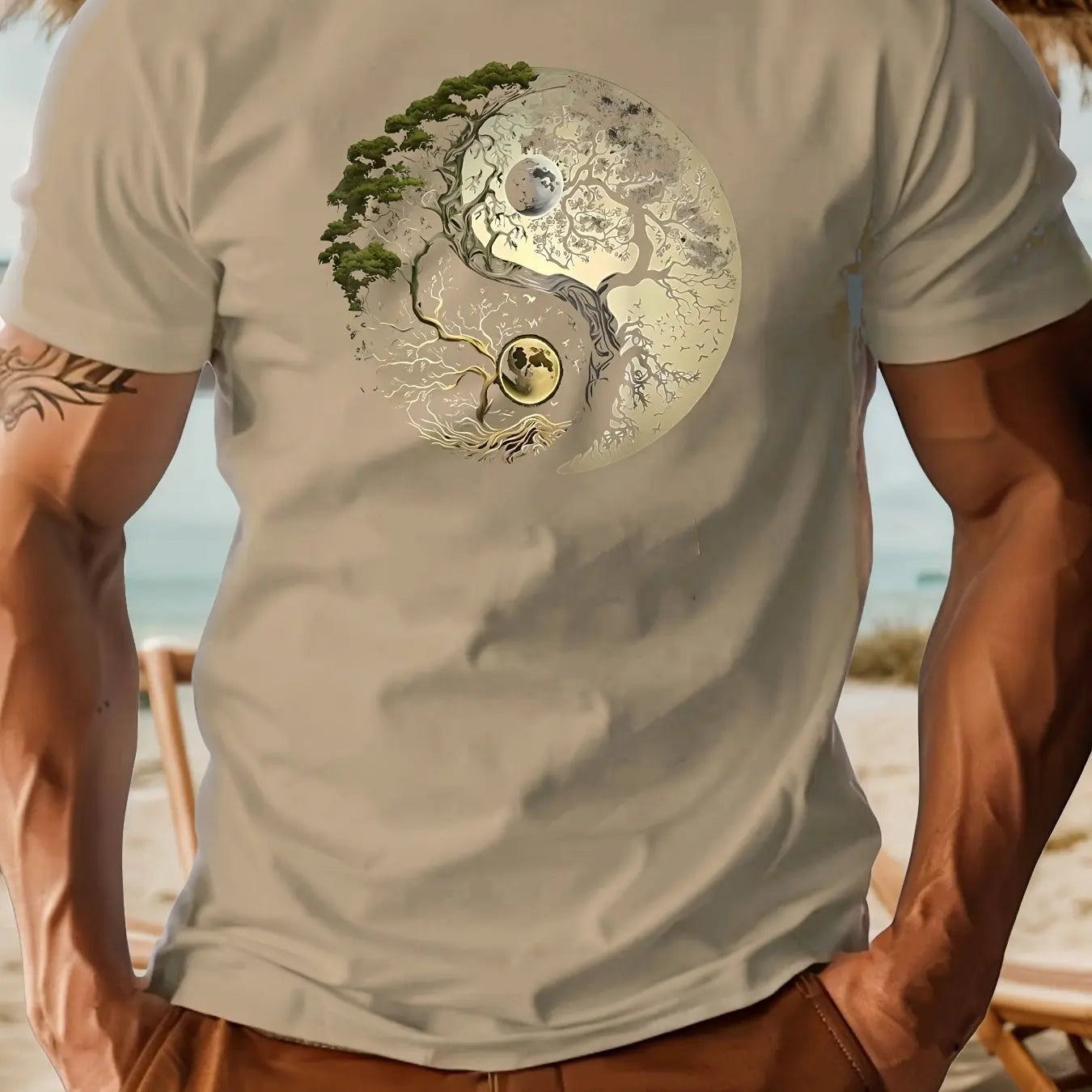 Men's summer 100% pure cotton fashionable casual loose sports yin-yang tree pattern print round neck short sleeved T-shirt top