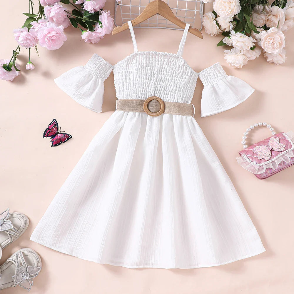 Vestido Feminino de Verão Ombro a Ombro Cinto Cor Sólida