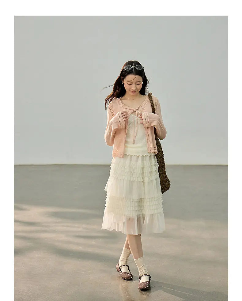 Korean Style Lace Elastic Waist Cake Skirt Mesh Puffy Skirt Women's Dress Knee Length Casual A-Line Skirt Micro Stretch No Slit